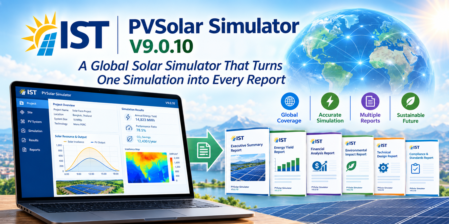A Global Solar Simulator That Turns One Simulation into Every Report